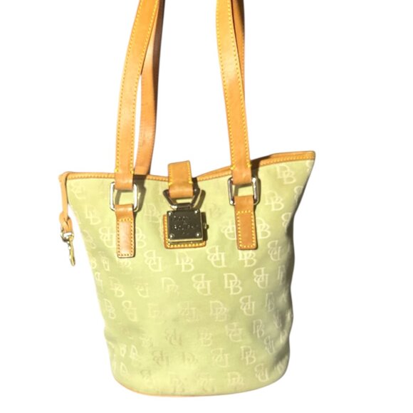 Dooney & Bourke Light Green Monogram Canvas Bucket Tote Bag With Leather Trim - Picture 16 of 16